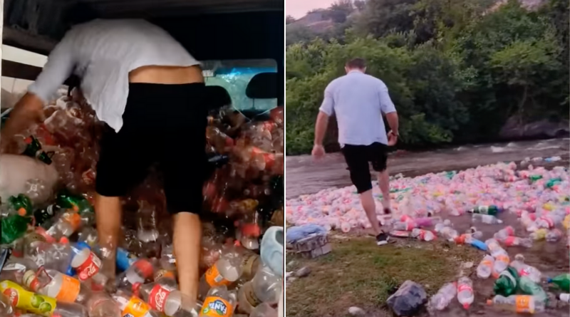 В Facebook распространилось видео, на котором люди выбрасывают в реку сотни пластиковых бутылок