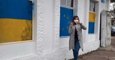 Активистка из Марнеули нарисовала на окнах офиса «Alt-info» флаги Украины и ЕС