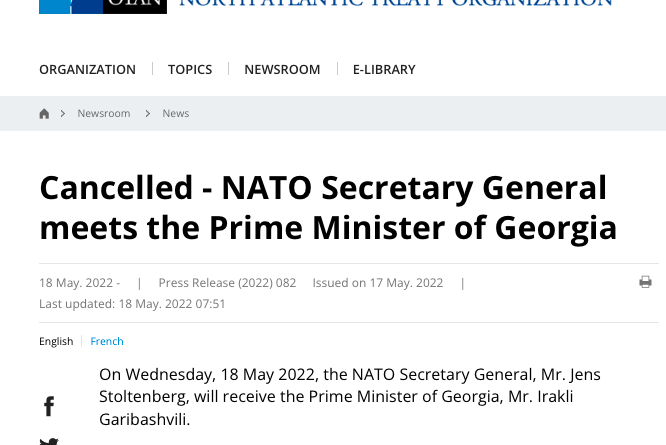 Отменена встреча премьера Грузии с Генсеком НАТО
