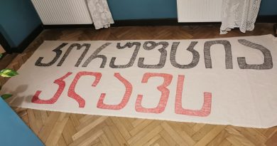 Активистам не дали раскрыть баннер во время доклада Каладзе в Сакребуло