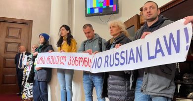 «Нет путинскому закону» — акция журналистов в парламенте Грузии