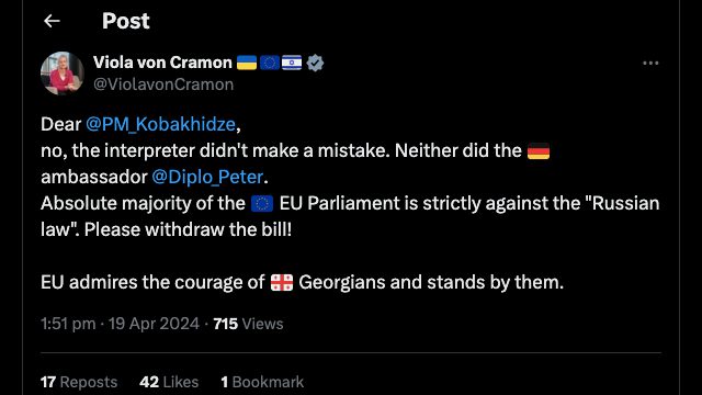«Европейский Союз восхищается мужеством грузин и поддерживает их» — Виола фон Крамон